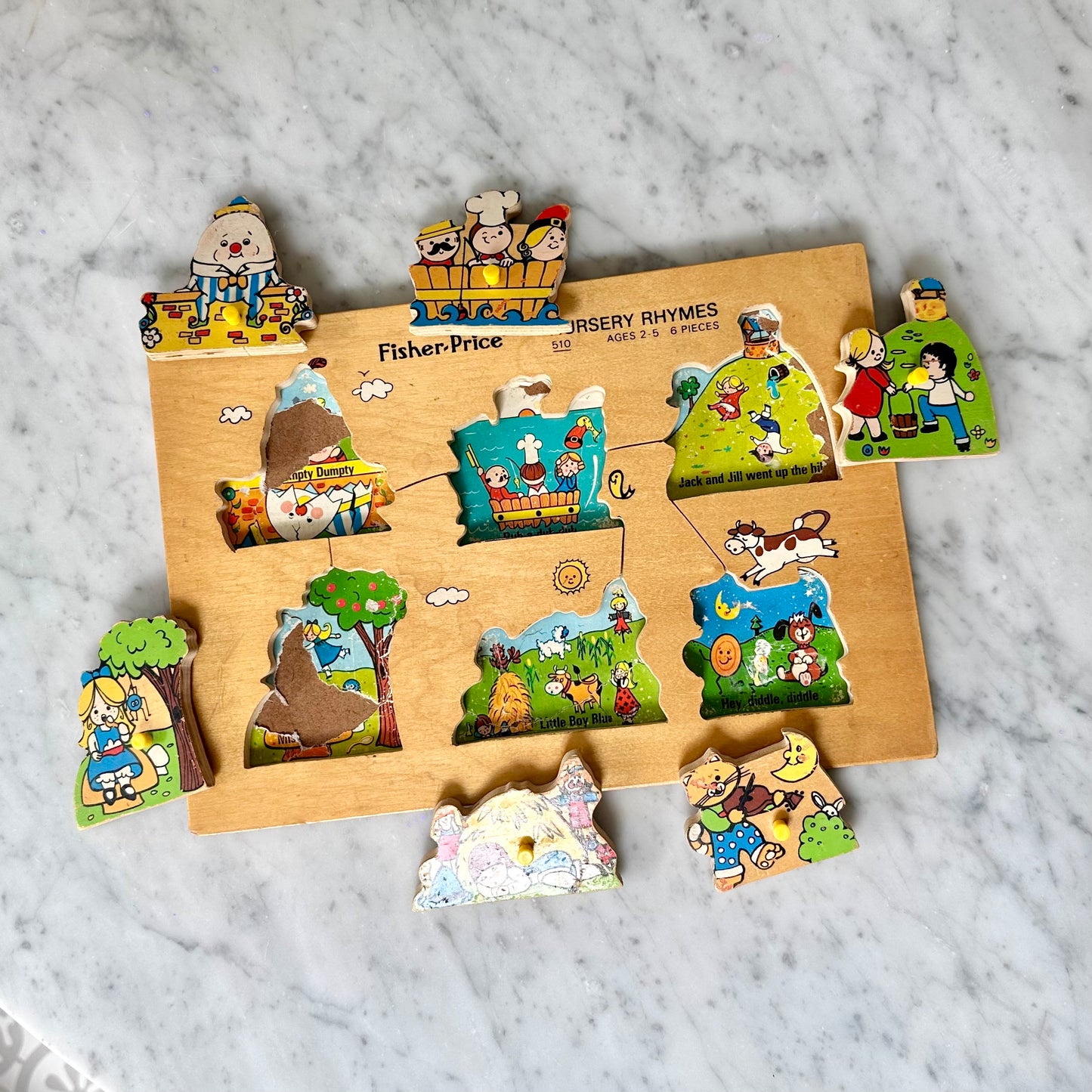 1971 Fisher Price Nursery Rhymes 6 pc Wooden Puzzle