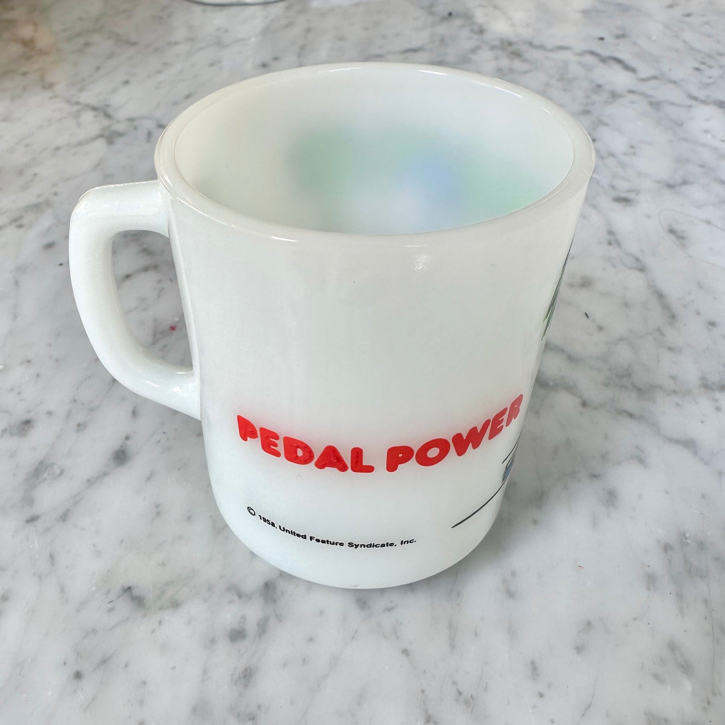 1958 Snoopy “Pedal Power” Milk Glass