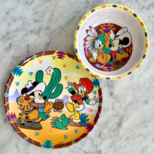 Vintage Mickey and Donald Western Melamine Plate and Bowl