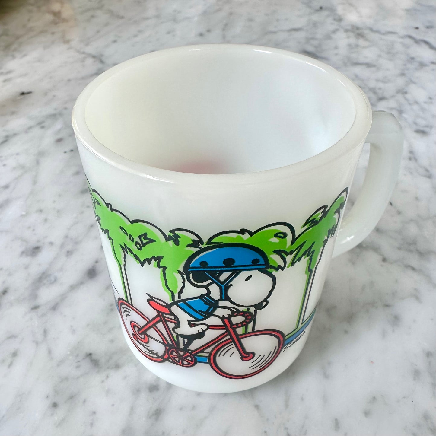 1958 Snoopy “Pedal Power” Milk Glass