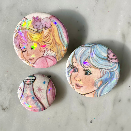 80’s Lady Lovely Locks Children’s Book Holographic Button Set