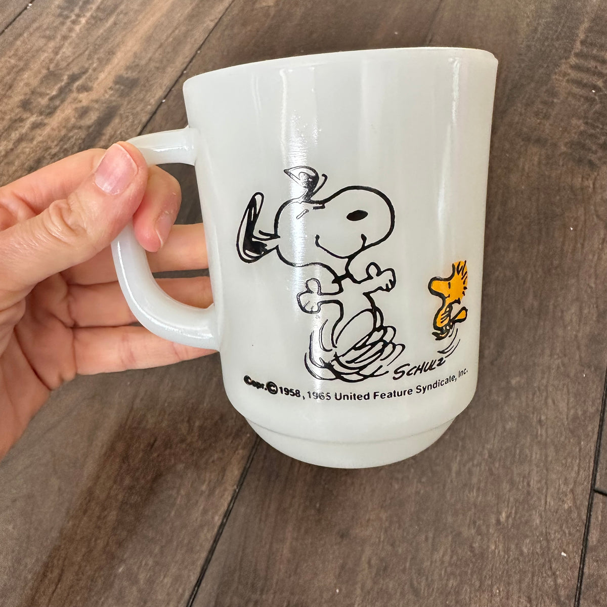 1965 Snoopy “At Times Life is Pure Joy” Milk Glass Mug