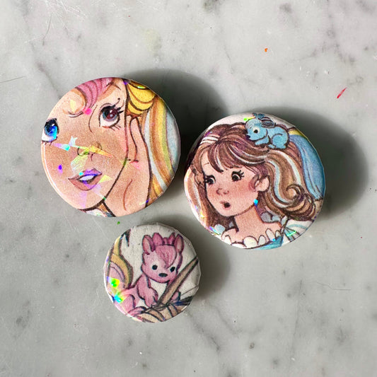 80’s Lady Lovely Locks Children’s Book Holographic Button Set Of 3