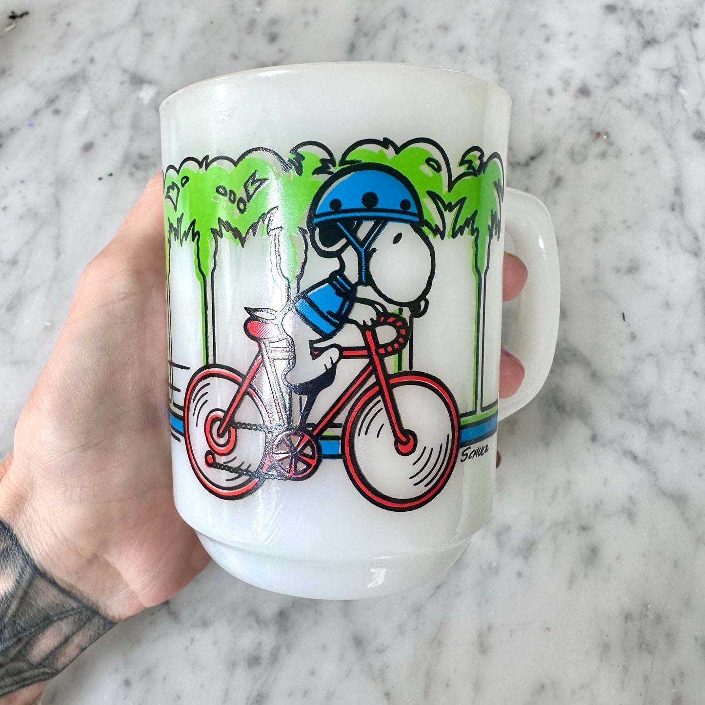 1958 Snoopy “Pedal Power” Milk Glass