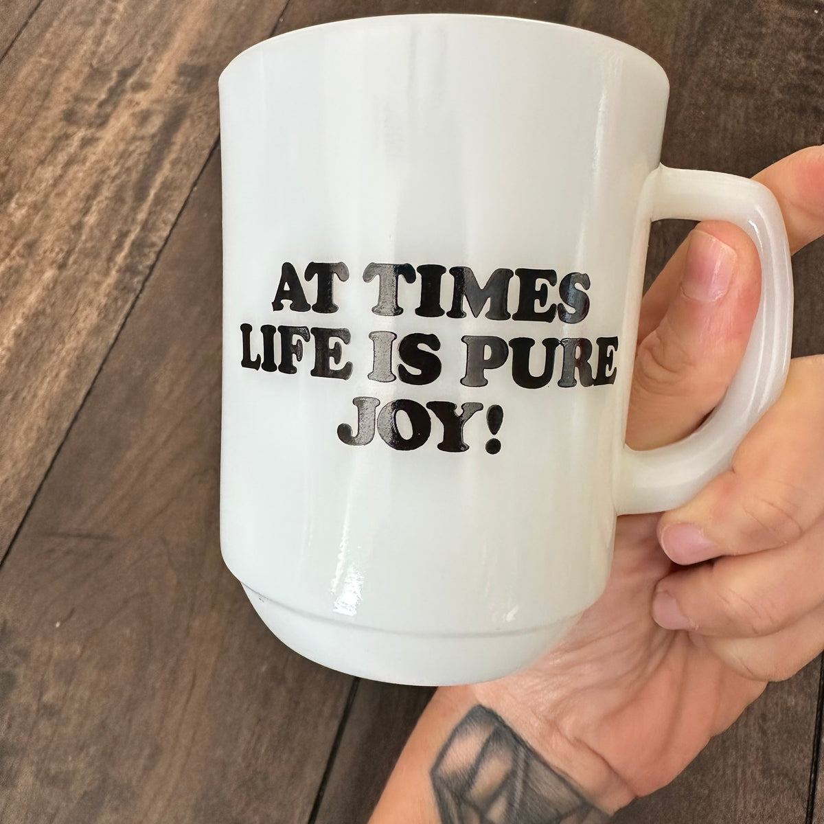 1965 Snoopy “At Times Life is Pure Joy” Milk Glass Mug