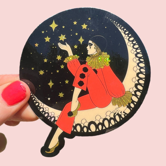 3 Inch Sticker Pierrot Clown on the Moon BLACK Sparkle